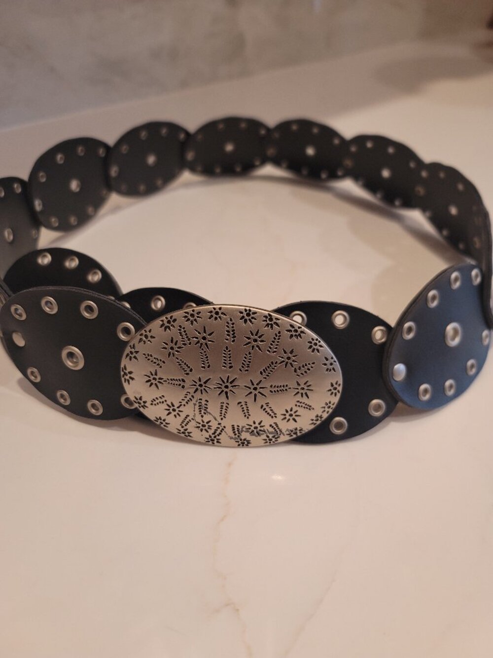 Black Western Statement Belt Silver Grommet Disc Concho Buckle Size M
